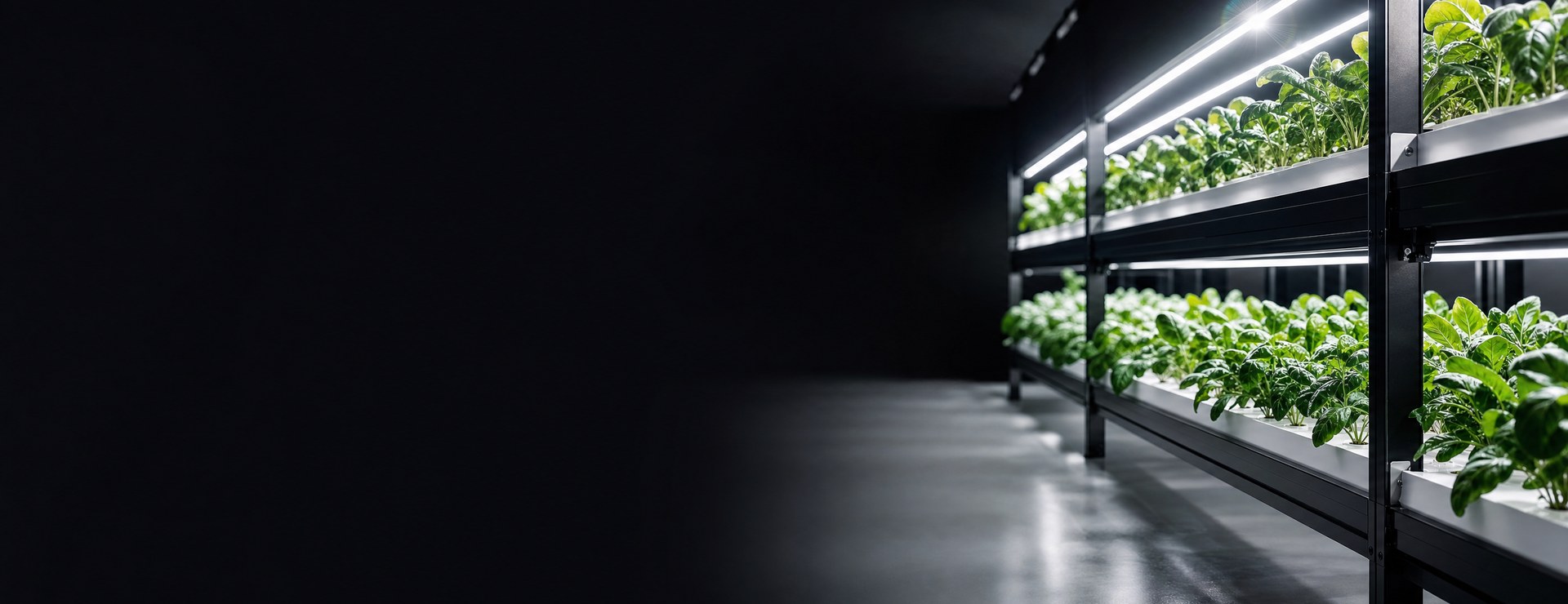 Sala de cultivo vertical con racks negros y luces LED, nutrientes Athena en Pachamama Costa Rica