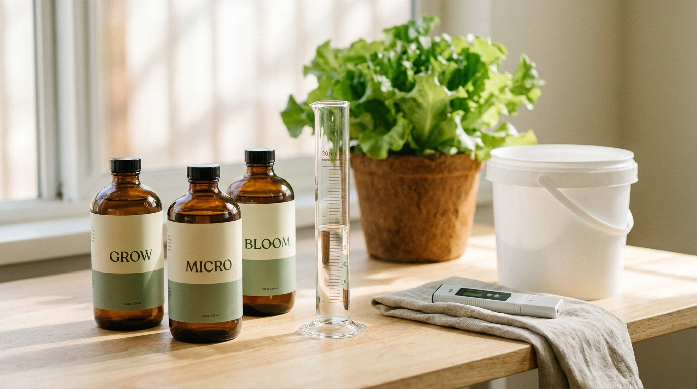 Botellas de nutrientes concentrados, jarra medidora y balde de solución sobre una mesa de trabajo de cultivo indoor