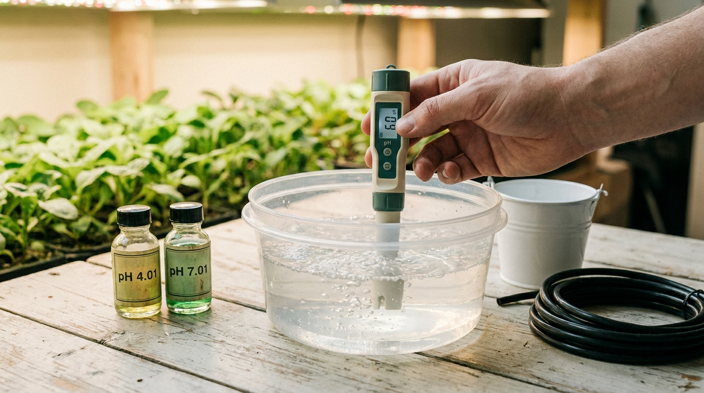 Medidor de pH digital y soluciones de calibración junto a un balde de solución nutritiva en un cultivo indoor