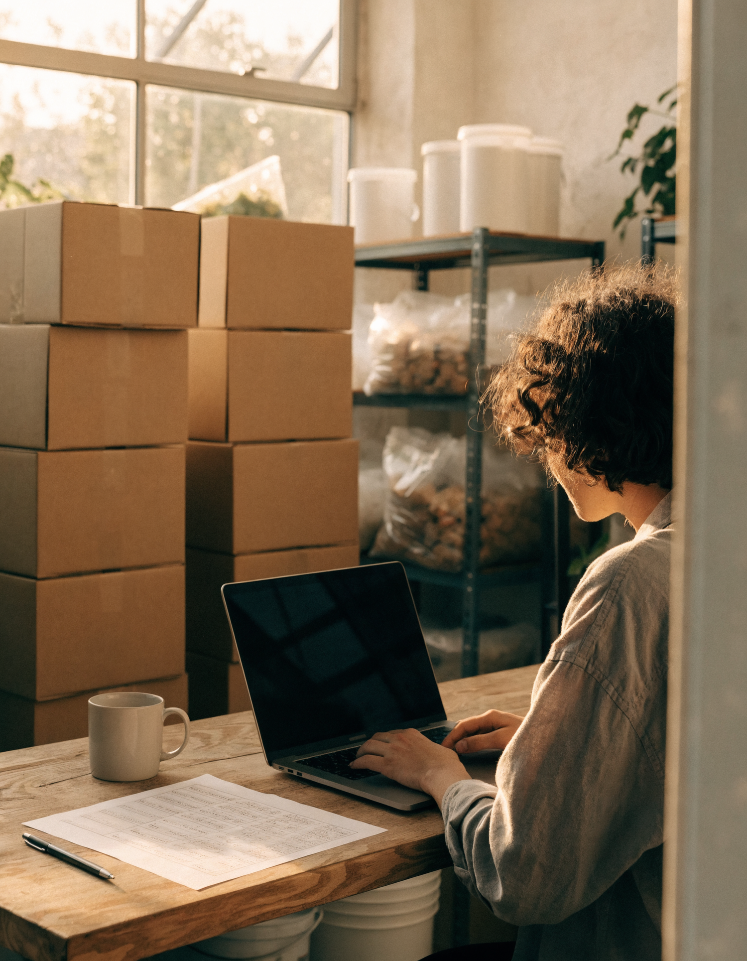Escritorio con lista de pedido y computadora para compra comercial