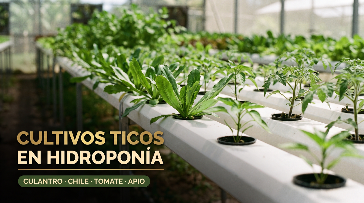 Canal hidropónico en diagonal con culantro, chile y tomate en un invernadero