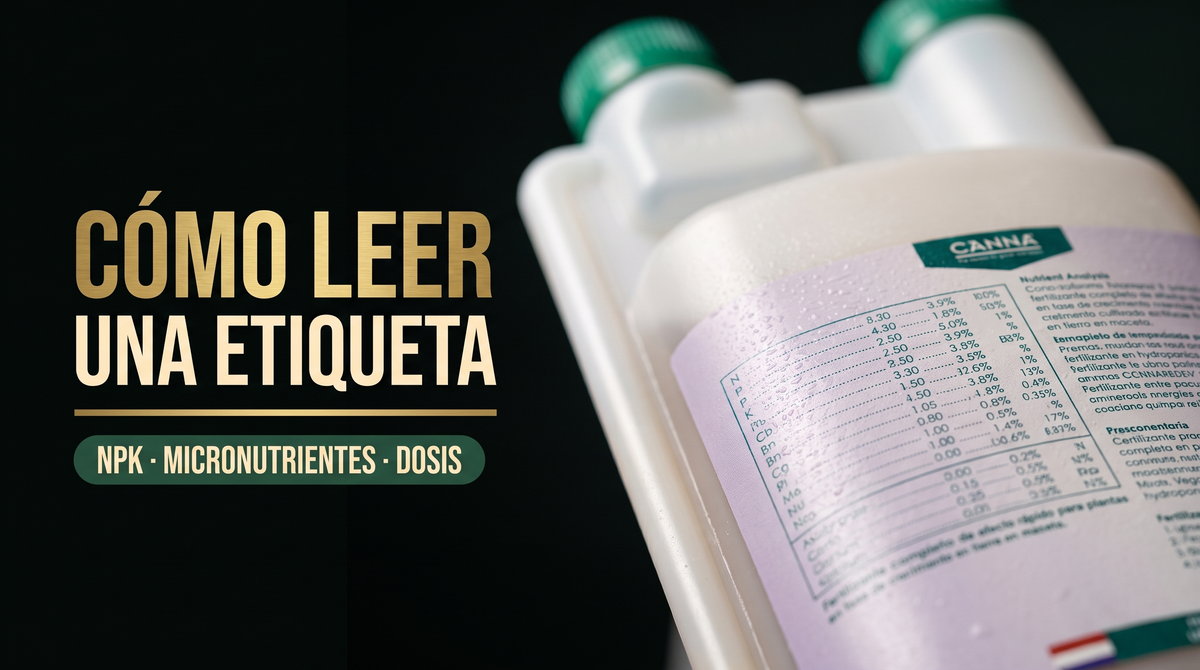 Primer plano de la tabla de dosificación en la etiqueta de un fertilizante de cultivo