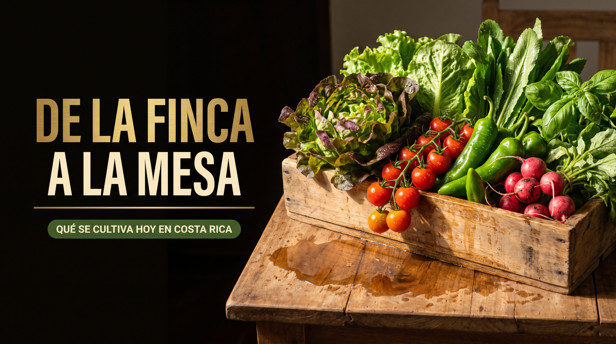Cajón de madera con lechugas, tomates, chiles y rábanos recién cosechados