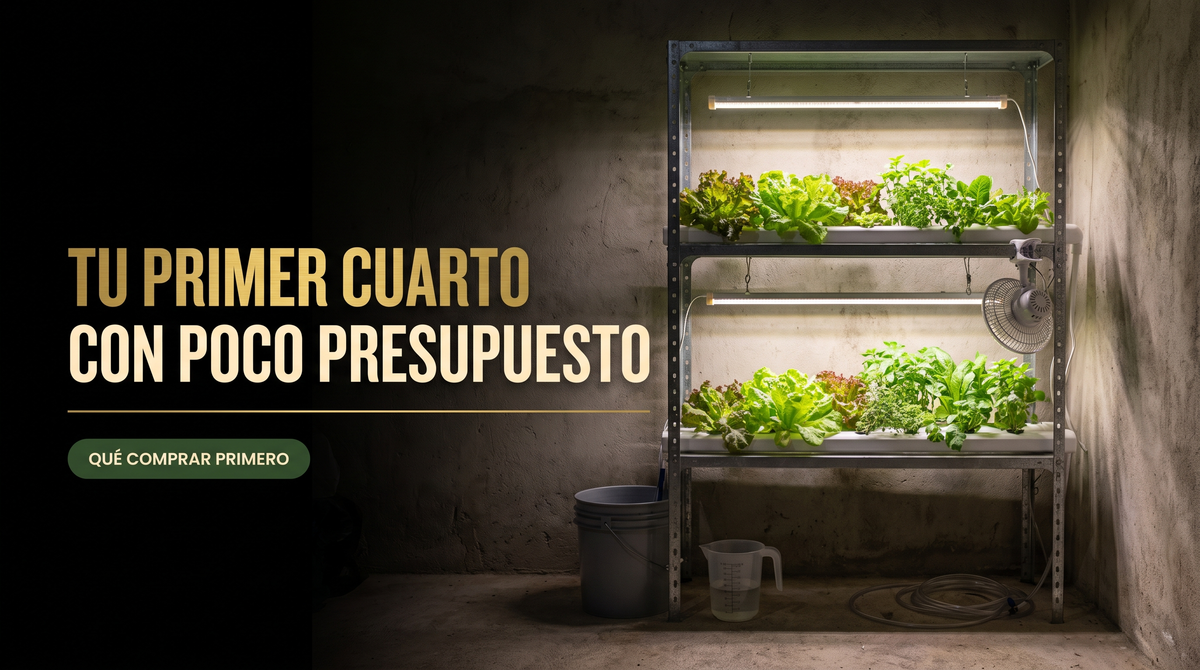 Estantería de cultivo de dos niveles con luz LED y plantas de hoja verde