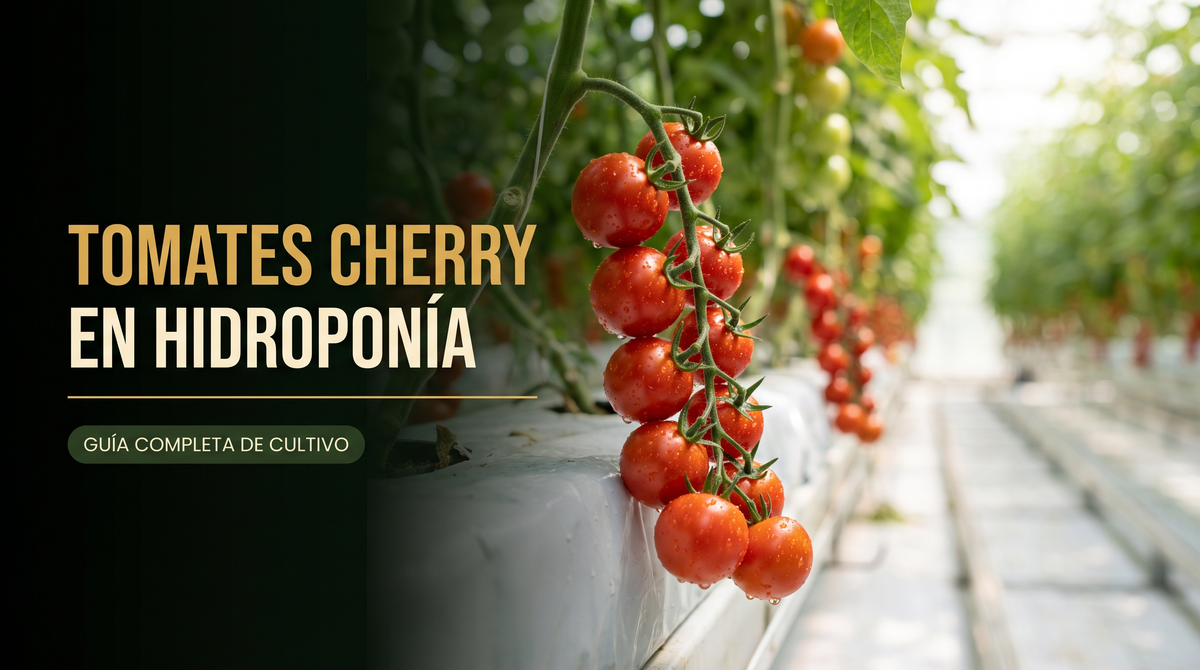 Racimo de tomates cherry maduros sobre un canal hidropónico blanco en invernadero