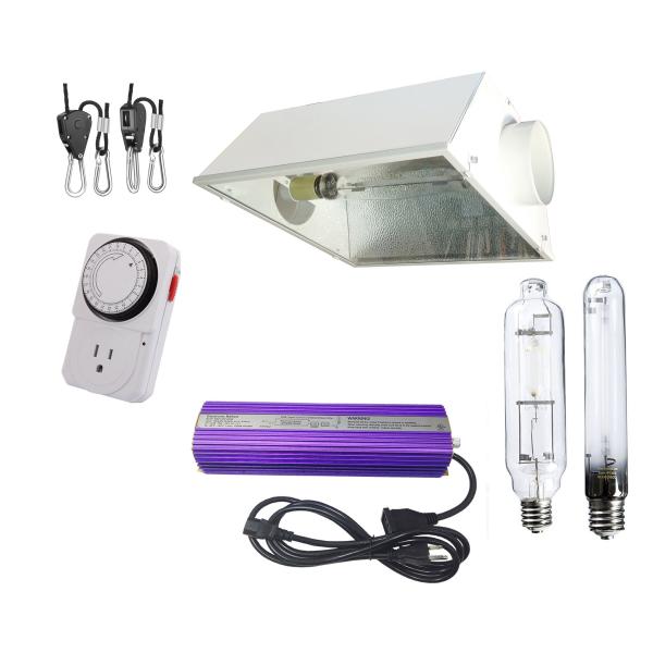 400 w, 6 pulgadas Kit de luz de cultivo Air Cool Hood. Incluye HPS, MH, temporizador, colgador, reflector, lastre