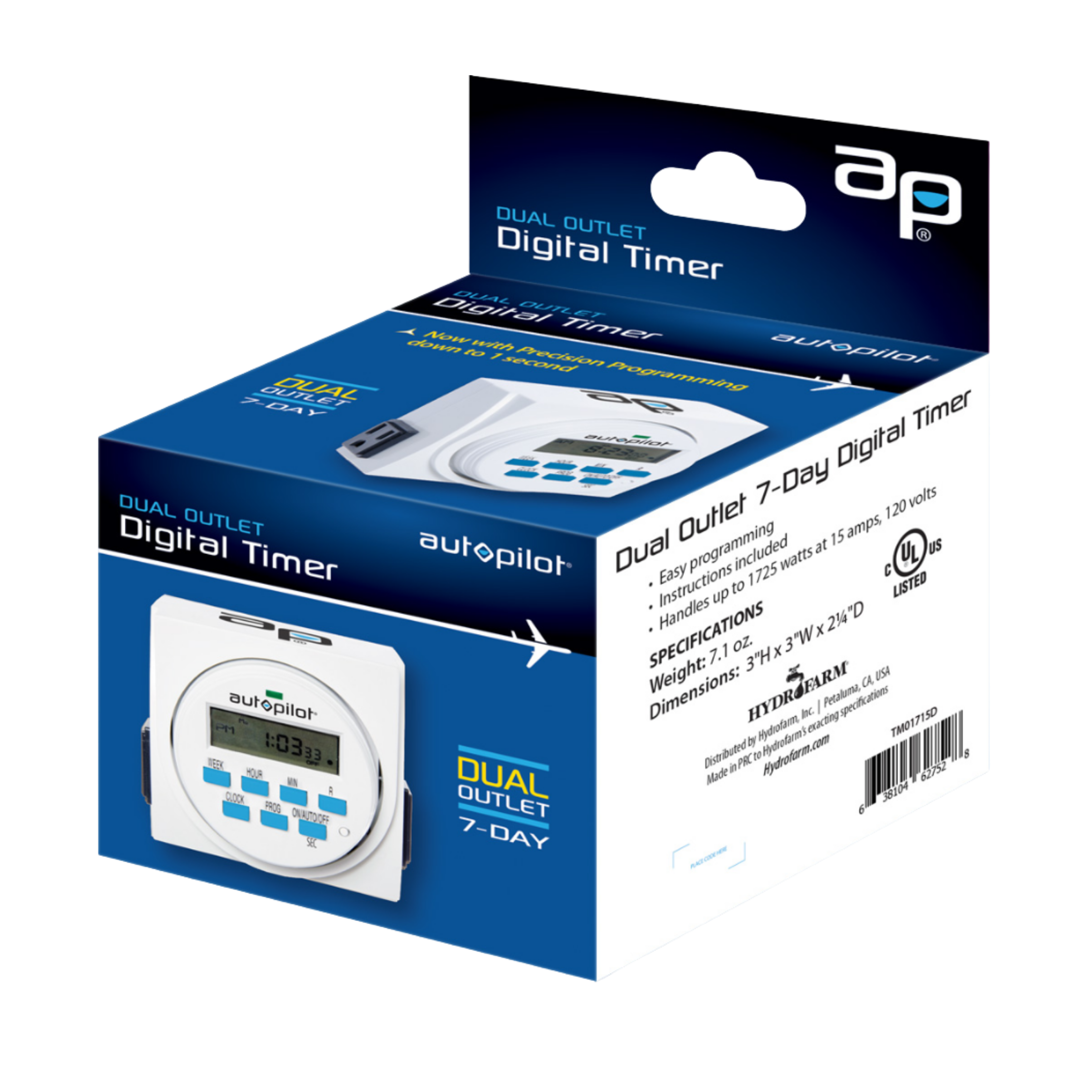 Temporizador programable digital con conexión a tierra de 7 días de salida dual para piloto automático, 1725 W, 15 A, 1 segundo de encendido/apagado